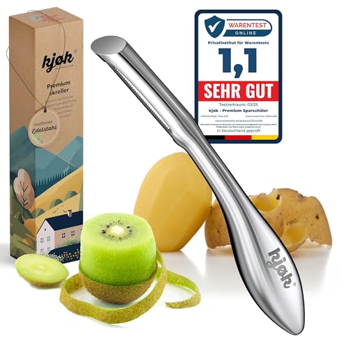 kjøk Premium Sparschäler scharfe Edelstahl S420 Klinge und rutschfester Griff ebenfalls aus Edelstahl - schmaler Profi-Gemüseschäler zum präzisen Schälen - innovativer Pendelschäler rostfrei