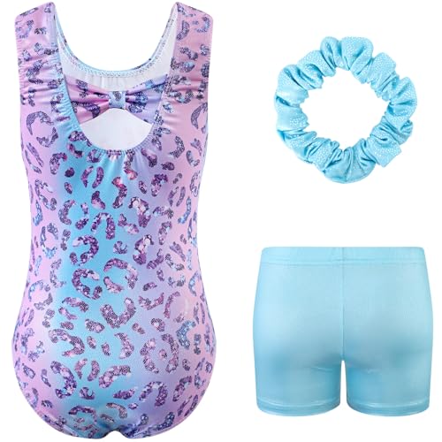 HOZIY Girls Gymnastics Leotards Outfits Sparkly Bow Back Unitards Biketard with Tumbling Shorts Hair band Kids 3-10 Years