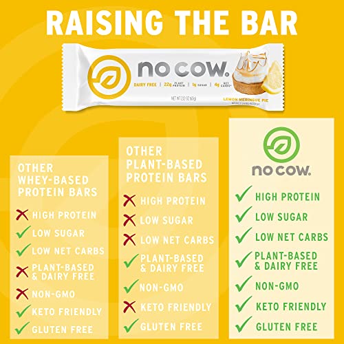 No Cow High Protein Bars, Lemon Meringue Pie, 22G Plant Based Vegan Protein, Keto Friendly, Low Sugar, Low Carb, Low Calorie, Gluten Free, Naturally Sweetened, Dairy Free, Non Gmo, Kosher, 12 Pack #TOP2