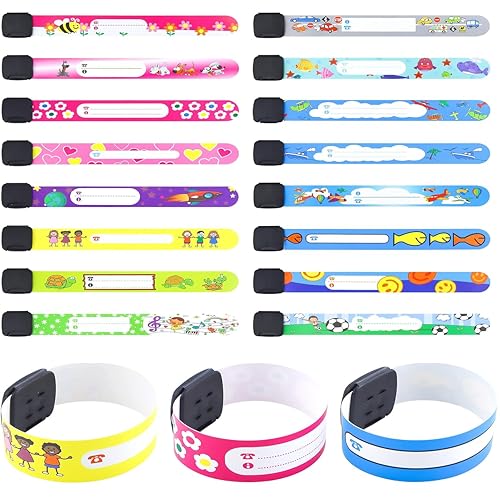 Quhoxdye 16 Pieces Children Safety ID Wristband, Reusable Identification Bracelets Adjustable Waterproof ID Bands for Boys and Girls (16 Styles)