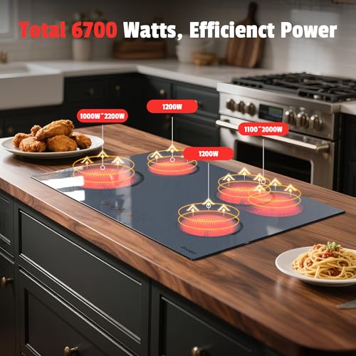 Image of 30 Inch Electric Cooktop - 4 Burner Built-in Electric Stove 30In 6600W, Radiant Ceramic Stove with Dual Zone, Metal Frame, Child Lock, Timer, 220V Hard Wired, Satin Grey
