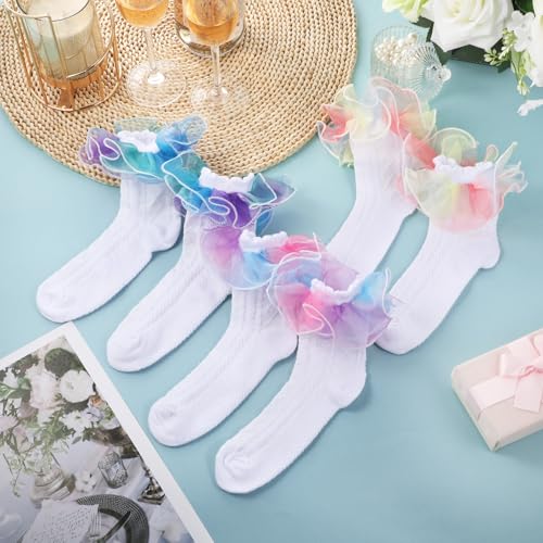 Image of Geyoga 3 Pairs Women Big Ruffle Socks Turn Cuff, Double Lace Ankle Cotton Frilly Socks for Ladies Summer