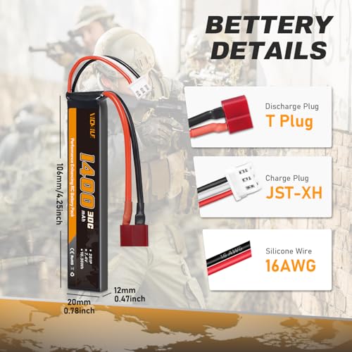 VICMILE 2S Airsoft Battery 30C(Burst 60C) 7.4V 1400mAh Dean-Style Plug with 7.4V 1TO2 USB Charger Fit for Most Airsoft Model Guns Gel Water Bead Blaster 2PACK