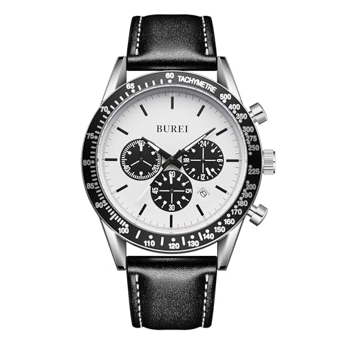 BUREI Relojes analógicos de cuarzo impermeables para hombre, multifunción, cronógrafo, relojes de pulsera de moda, informales, de negocios, para hombre, correa de piel negra, reloj para hombre, Negro BUREI Relojes analógicos de cuarzo impermeables para hombre, multifunción, cronógrafo, relojes de pulsera de moda, informales, de negocios, para hombre, correa de piel negra, reloj para hombre, Negro