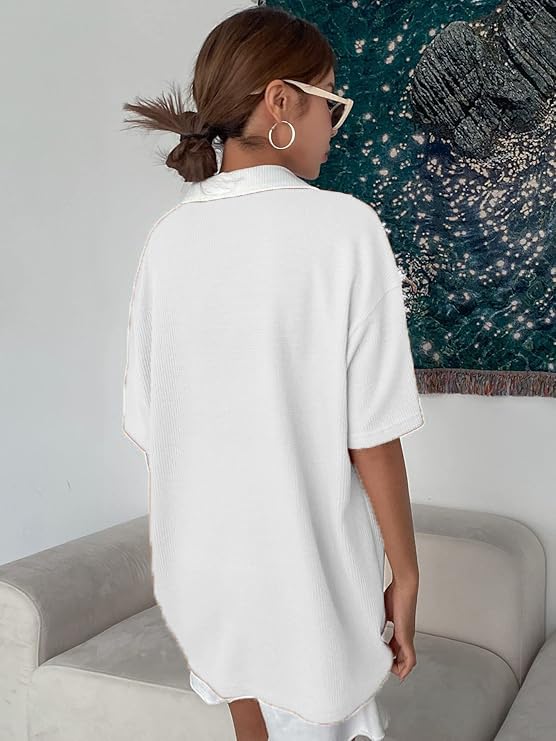 Image of Zilcon Womens Half Sleeve Oversized Tshirt for Woman Trendy Casual V Neck Summer Collared Preppy Tops Fashion Loose Fitted Western Tops for Women Stylish