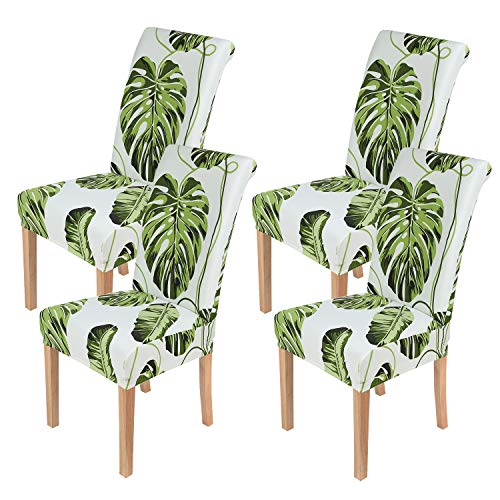 smiry 4 Pack Printed Dining Chair Covers, Stretch Spandex Removable Washable Dining Chair Protector Slipcovers for Home, Kitchen, Party, Restaurant (Moss Green)