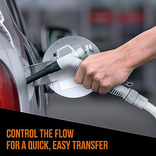 Deway Automatic Fuel Transfer Pump with Nozzle for Quick Flow Control & Stop, Extra Long Hose, Portable Liquid Pump for Gasoline, Diesel Fuel & More, 3 Included Adapter Fits All Size Gas Cans