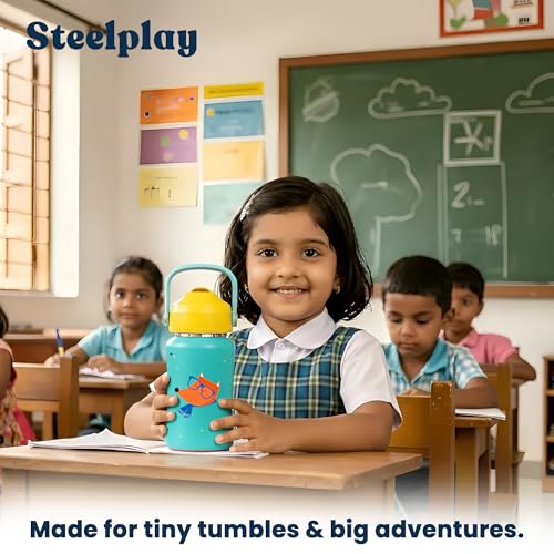 Image of rabitat Steel Play 3.0 Water Bottle for School Kids 450ml, 1+1 Year Brand Warranty | Steel Water Bottle | Steel Bottles | BPA-Free Leak-Proof, Flip-Lock Sipper, EasyCarry Handle Young wild & Free