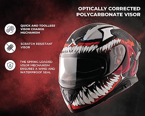 Image of Axor Apex Marvel Venom Full Face Motorbike Helmet, Protective Racing Design - Dull Black Red - L