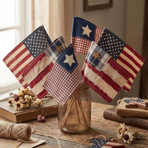 Chumia 6 Pcs 250th Anniversary Patriotic Vintage American Flag Square Decorations 4x6 Fabric Mini Flags on Sticks for 4th of July Home Decor Independence Day Patriotic Party Supplies