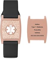 Vista 11 de Pulsera de identificación de alerta médica de 0.709 in, pulsera deportiva de silicona con purpurina de oro rosa, pulsera de concientización