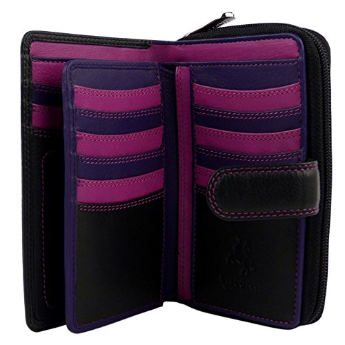 Portefeuille femme en cuir noir Visconti, l'alliance du raffinement et du mauve intérieur