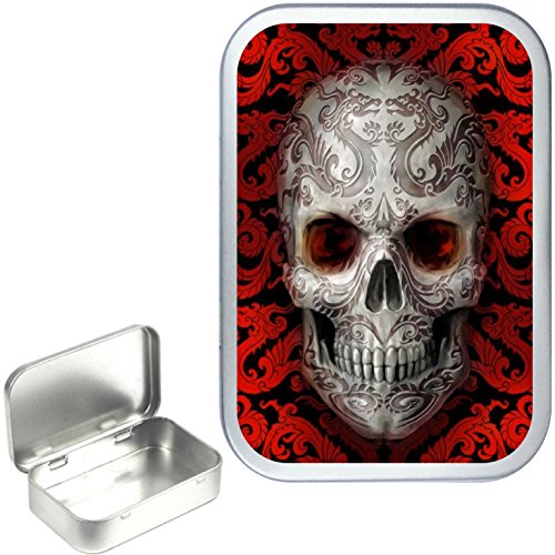 RED SUGAR SKULL 50ml, 1oz SILVER HINGED TOBACCO TIN,PILL BOX,STORAGE TIN