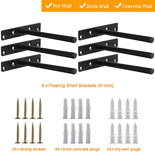 Blind Floating Shelf Brackets - Diy Heavy Duty 8 Inch Wall Shelf Brackets, Solid Stainless Steel Matte Black Hidden Support With Hardware For Custom Wood Shelves (6 Pack) #TOP2