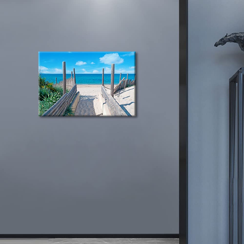 TISHIRON Beach Pathway Canvas Wall Art Seascape Painting Seaside Fence Artwork Picture Print for Living Room Bedroom Home Office Wall Decor Modern Coastal Landscape Ready to Hang (12X8in) - Image 4