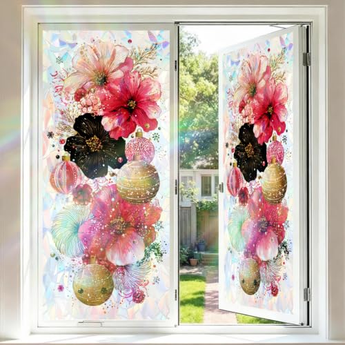 Image of Pink Black Floral Ornament Holographic Window Film 17.32x39.37in