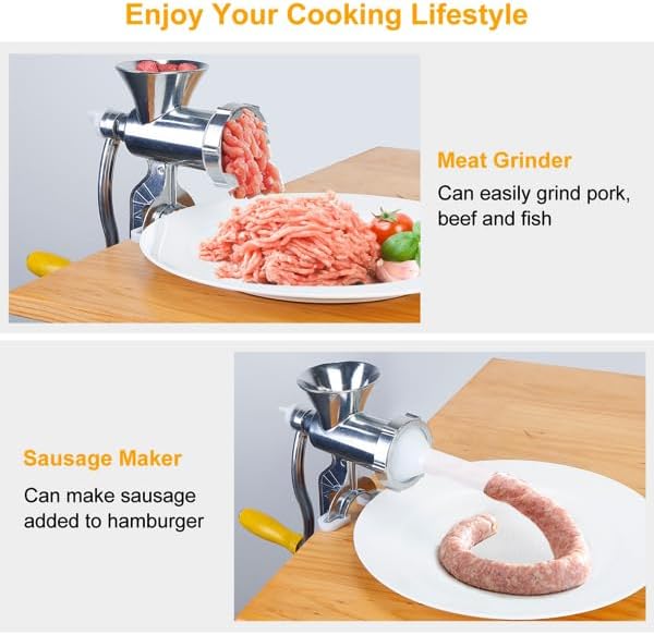 Manual Meat Grinder Aluminum Alloy Hand Crank Sausage Maker Noodle Press Machine with Table Clamp, Ergonomic Handle, Easy Clean Food Mincer for Beef Pork Vegetables Pepper Home Kitchen Cooking Tool