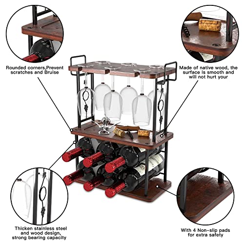 Visentor Freestanding Wine Rack, 3 Tier Wood Metal Wine Racks, Tabletop Wine Glasses & Cork Holder Organizer, For Bar Decor, Kitchen Pantry Cabinet Countertop, Hold 6 Wine Bottles And 6 Glasses #TOP5
