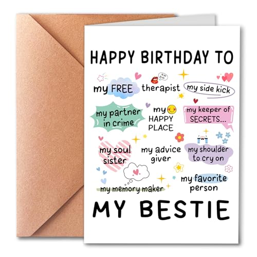 PTRUKD Happy Birthday Card for Best Friend - Funny Bestie Birthday Card for Women, Soul Sister, Female Friends - 'My Free Therapist & Partner in Crime' Greeting Card - 5x7 Inch Thick Cardstock with Envelope