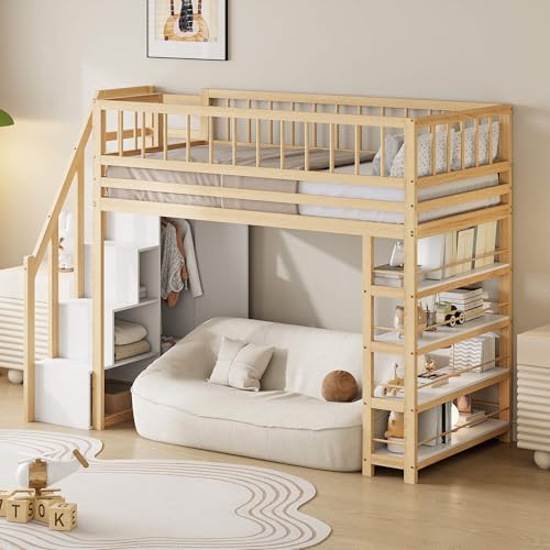 HYUB Litera de 90 x 200 cm con escalera y espacio de almacenamiento, cama juvenil con armario y estanterías, marco de cama con somier y protección anticaídas, color madera