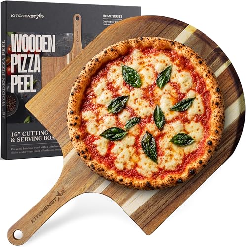 Image of KitchenStar Acacia Wood Pizza Peel 16 inch - Wooden Pizza Board with Handle - Pizza Paddle & Cutting & Serving Board