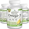 Best Triple Strength Omega 3 Fish Oil Pills 2400mg | 120 Capsules | Burpless High Potency Lemon Flavor | 864mg EPA 576mg DHA Ultra Pure Liquid Softgels | Brain Joints Eyes Hair Heart Health Supplement