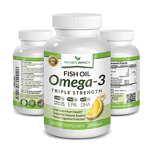Best Triple Strength Omega 3 Fish Oil Pills 2400mg | 120 Capsules | Burpless High Potency Lemon Flavor | 864mg EPA 576mg DHA Ultra Pure Liquid Softgels | Brain Joints Eyes Hair Heart Health Supplement