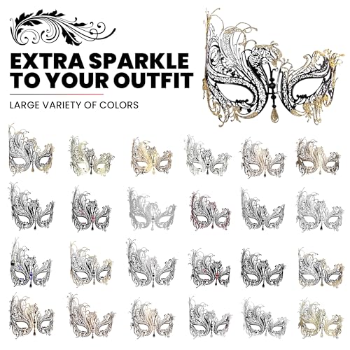 Image of Metal Filigree Masquerade Mask for Women - Swan Style Mask with Rhinestones for Mardi Gras, Prom, Halloween & Venetian Party