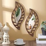 Roowest 2 Pcs Decorative Mirror Wall Decor Leaf Teardrop Mirror Wall Mounted Decorations for Living Room Bedroom Bathroom Vanity Entryway Office(Brown)