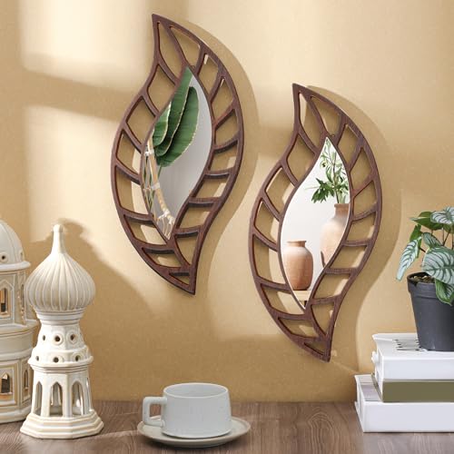 Roowest-2-Pcs-Decorative-Mirror-Wall-Decor-Leaf-Teardrop-Mirror-Wall-Mounted-Decorations-for-Living-Room-Bedroom-Bathroom-Vanity-Entryway-OfficeBrown