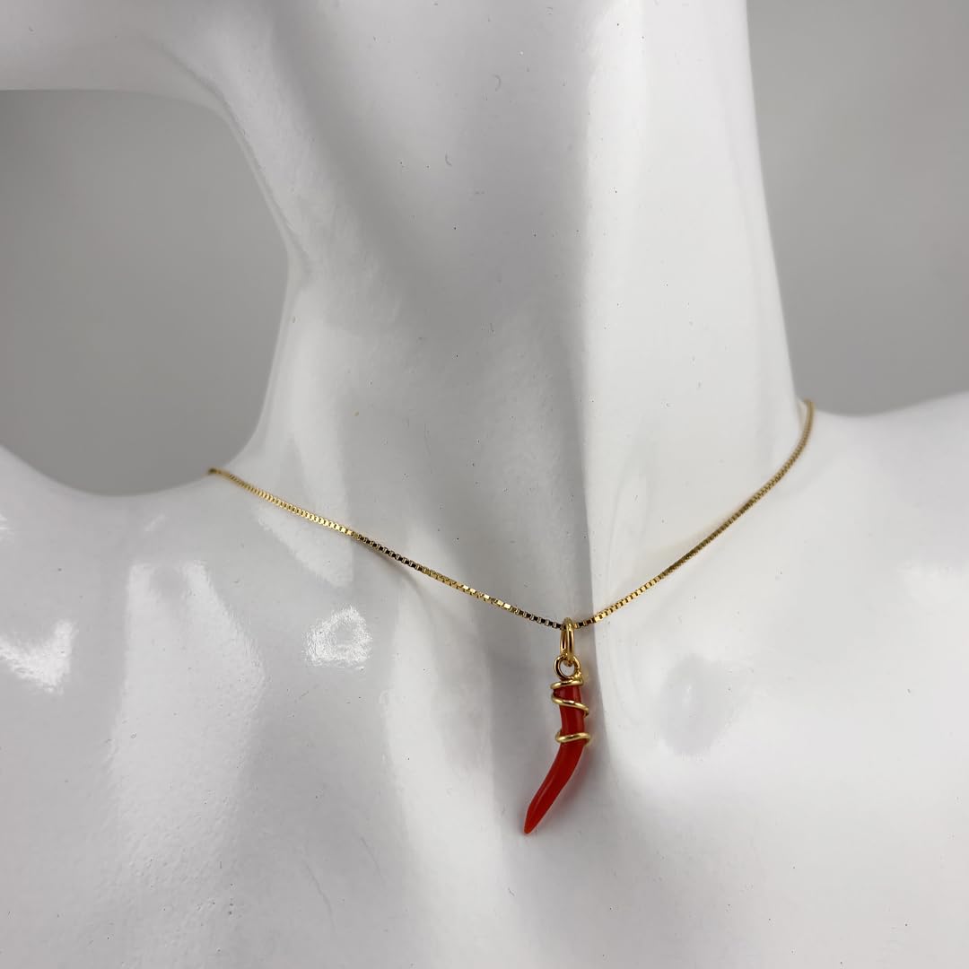 Collana con ciondolo cornetto in corallo rosso naturale e giro di argento 925 dorato fatto a mano catenina veneziana 40/45/50 cm a scelta gioiello fatto a mano unisex uomo donna