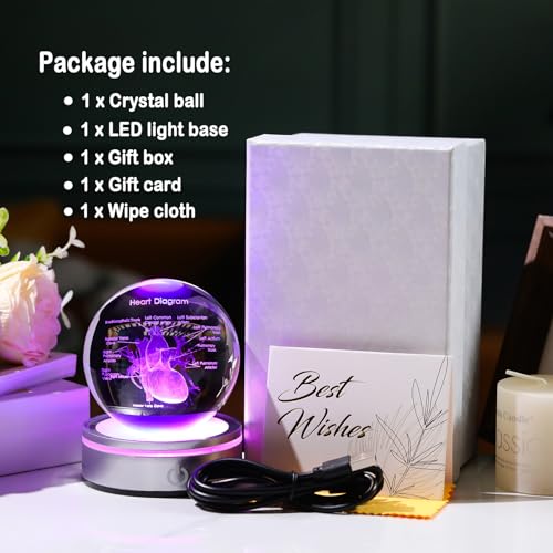 Image of Arikyrist Crystal 3D Human Heart 3.15 in. Ball Gifts for Men Women Doctor | Glass Sphere Etched Heart Model, Colorful Light Base, Graduation Keepsake, for Surgeon Cardiologist Anatomy Art Decor