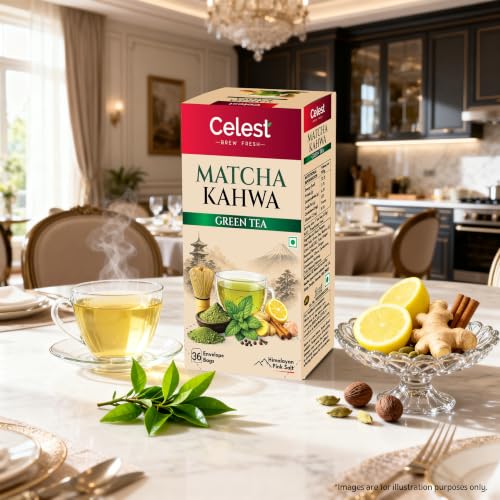 Image of Celest Matcha Kahwa Green Tea - 36 Tea Bags | Kahwa Green Tea | Helps in Detox | Contains Desi Herbs & Spices