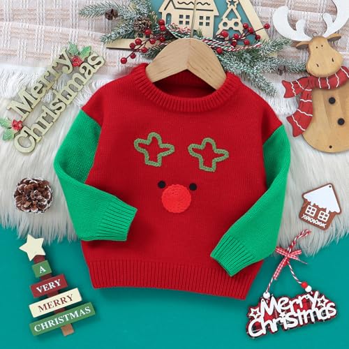 Charming Red & Green Kids' Christmas Jumper with Festive Star Eyes and Nose Holiday Sweater for Boys Girls4