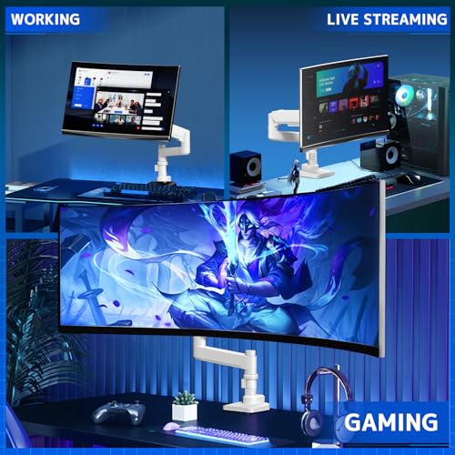 Ultrawide uchwyt na monitor – wytrzymałe ramię sprężynowe gazowe do monitorów 17-57 cali, nośność 2~20 kg, regulacja wysokości, zarządzanie kablami, VESA 75/100 mm, kolor biały