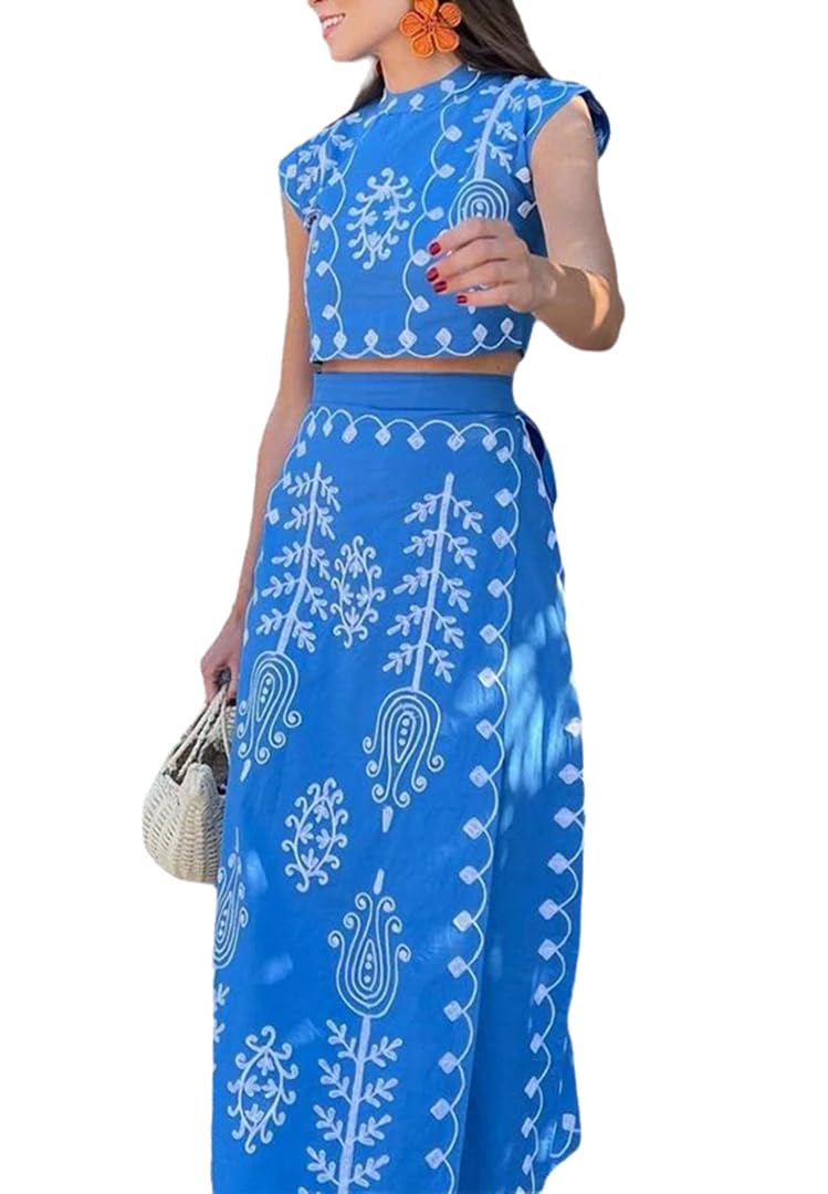 THLAI Womens Bohemian Floral Printed 2 Piece Set Crop Tank Top Beach Party Maxi Dress Set Outfit