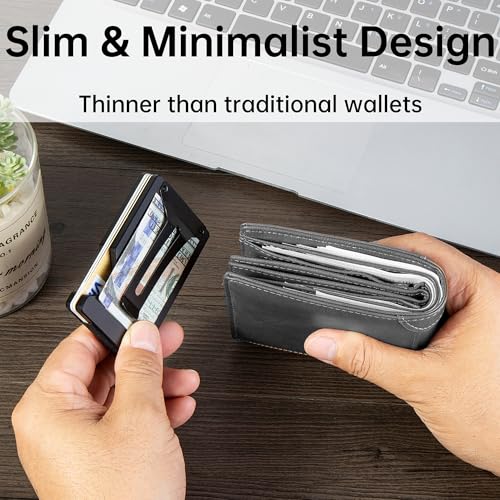 Image of Minimalist Carbon Fiber Wallet for Men, Money Clip Cash Strap Wallet, RFID Blocking Metal Wallet Aluminum Card Holder,Front Pocket Wallet(Matte Black)