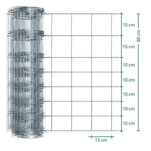 VOSS.farming Premium Wildzaun Komplettset 80cm 50m Knotengeflecht Verzinkt (50m Zaun 80/8/15 + 15 Z-Profilpfosten 150cm)