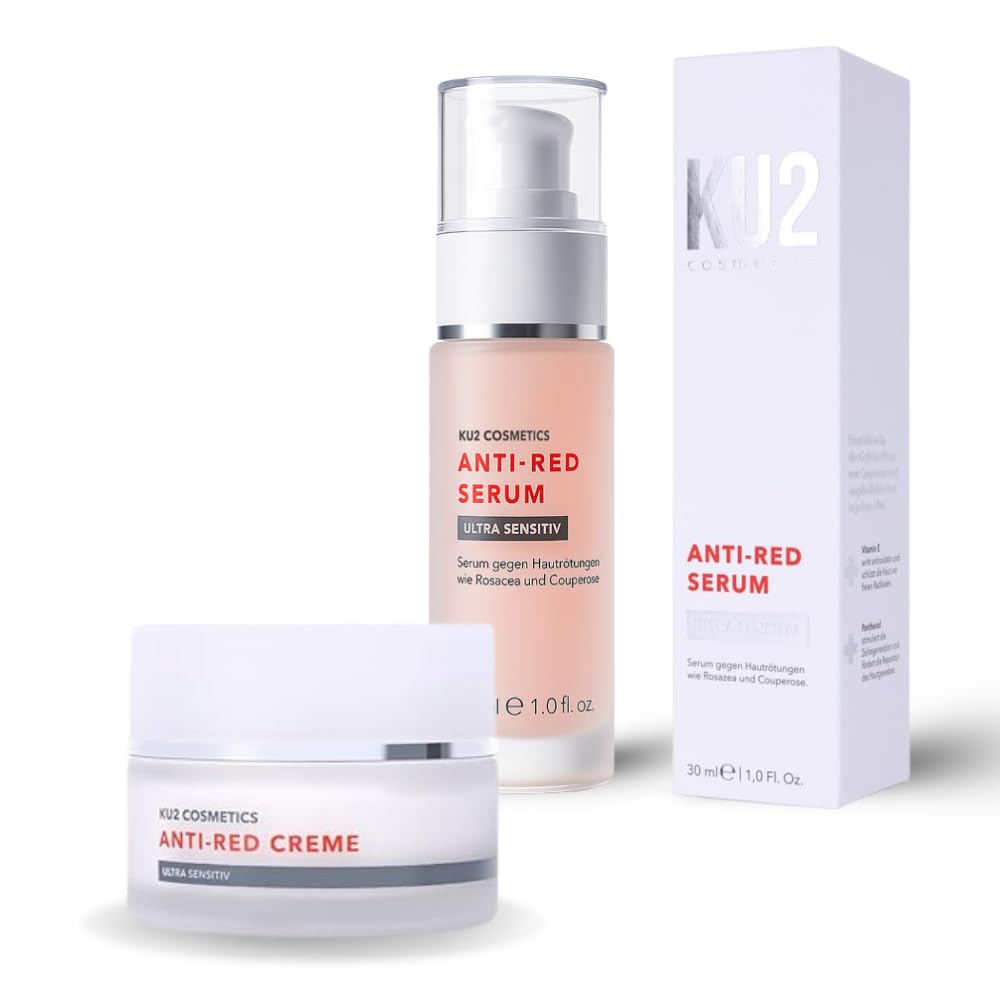KU2 Cosmetics Anti-Red Set – Ultra Sensitiv Serum & Creme – Beruhigende Gesichtspflege gegen Rötungen & Irritationen – Mit Panthenol & Pflanzenextrakten, 30 ml + 50 ml
