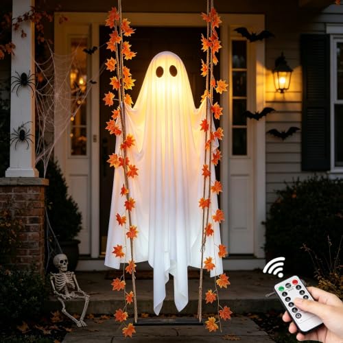Hanging Swinging Ghost Halloween Decor - Outdoor Halloween Decorations with Ghost on A Swing for Outside Garden Yard Porch Tree 4.4 FT Large Spooky Cute Ghosts with String Lights for Indoor Party