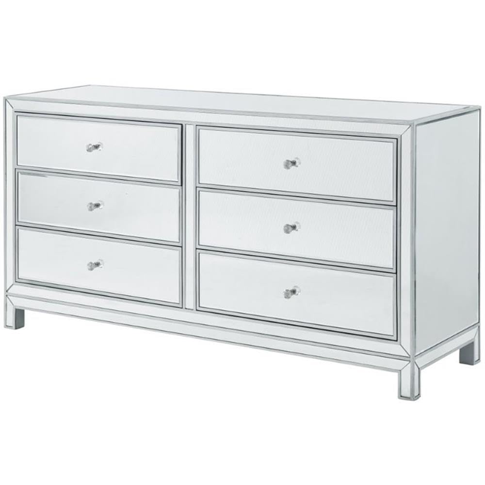Pemberly Row 6 Drawer 60" Mirrored Dresser, Antique Silver Finish, Solid Wood and MDF, Crystal Knobs, Contemporary Style Horizontal Dresser for Master Bedroom Storage