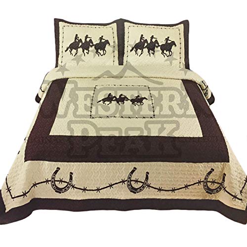 Western Peak 3 Pc Luxury Western Texas Cross Praying Cowboy Horse Cabin Lodge Barbed Wire Quilt Bedspread Oversize Comforter (King, Beige Horseshoe)