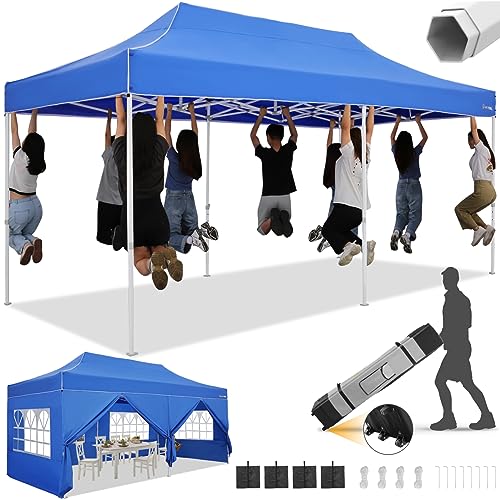 Image of HOTEEL 10x20 Heavy Duty Pop Up Canopy Tent with Sidewalls, Commercial Outdoor Canopy Tents for Parties Event Wedding with Roller Bag, Waterproof & UV 50+, Upgraded Thickened Hexagonal Legs, Blue