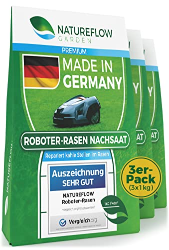 ﻿﻿Premium Rasensamen schnellkeimend für Mähroboter TEST SEHR GUT - Rasensamen Nachsaat 3kg Made in Germany - Roboter Grassamen schnellkeimend - Traum Rasen selbstdüngend mit Natureflow Rasensaat