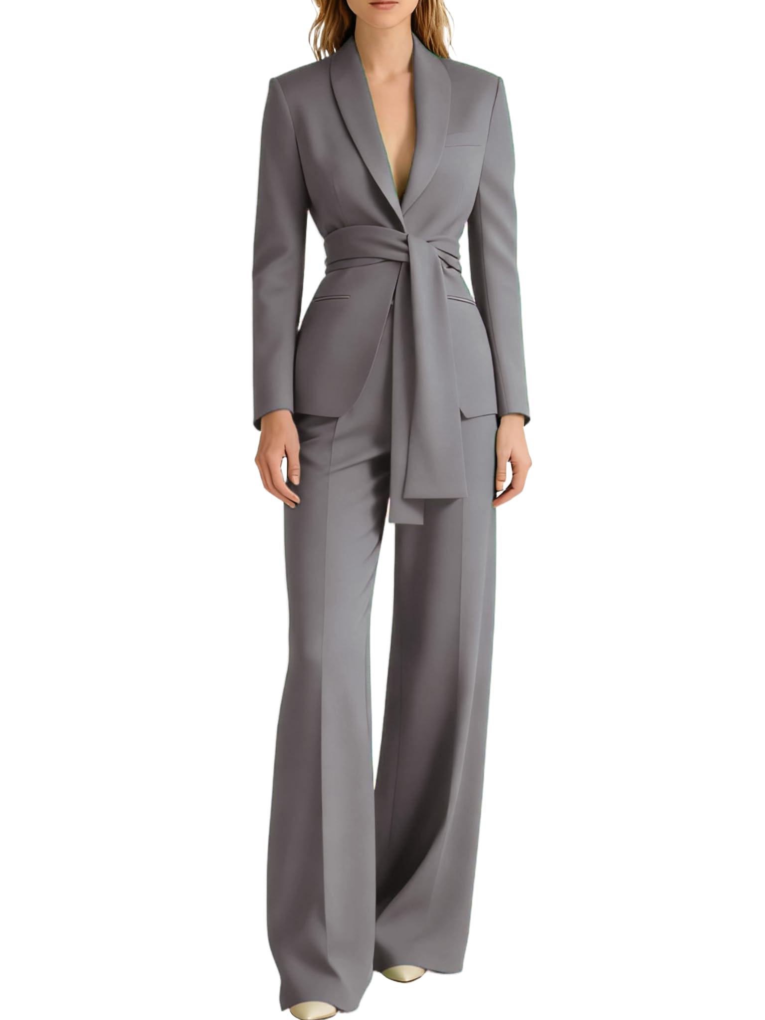 2 Piece Pant Suits for Women Casual Business Suit with Belt Womens Suits for Work Professional Wide Leg