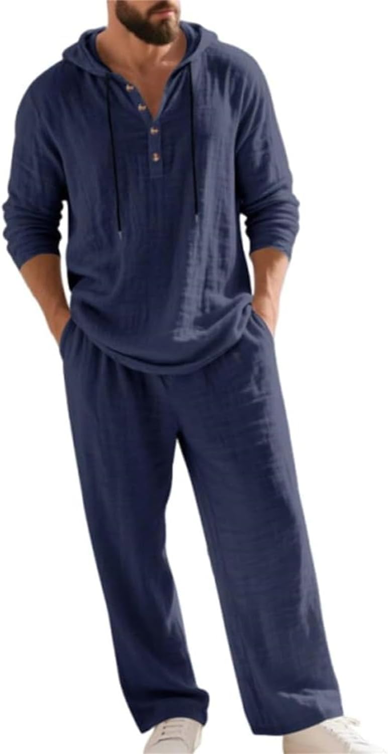 Men's Hooded Casual Loose Top & Pants 2-Piece Set, Men's 2 Piece Linen Shirts with Hoodie Suit Long Sleeve Pants Set