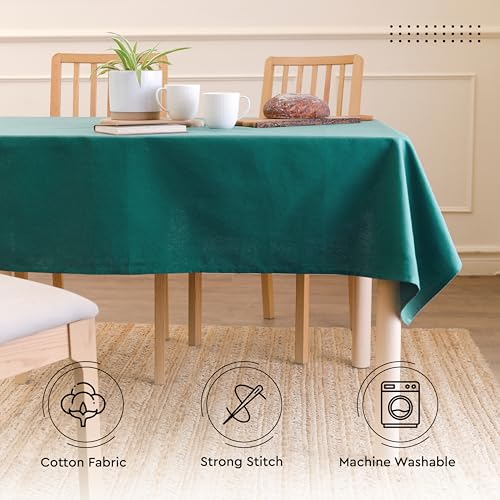 Image of Encasa XO Dining Table Cover Cloth for 4 to 6 Seater | 140x180 cm Cotton Canvas Rectangular Table Cloth | Machine Washable Tablecloth for Indoor & Outdoor Use - Emerald Solid Color