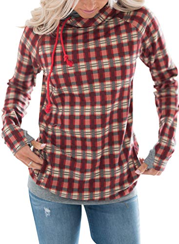 Paitluc Cool Hoodies for Women Plaid Crewneck Pullover Sweatshirts Red Size L