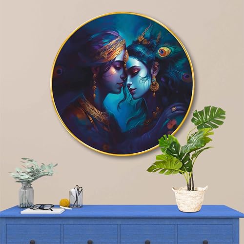 Image of Livin'luxe Radha Krishna Round Art Print - Divine Love Artwork with Peacock Feather & Royal Blue Theme | Spiritual Home Decor for Living Room, Bedroom, Temple & Gift (16 x 16 Inch) Art-GRM-281