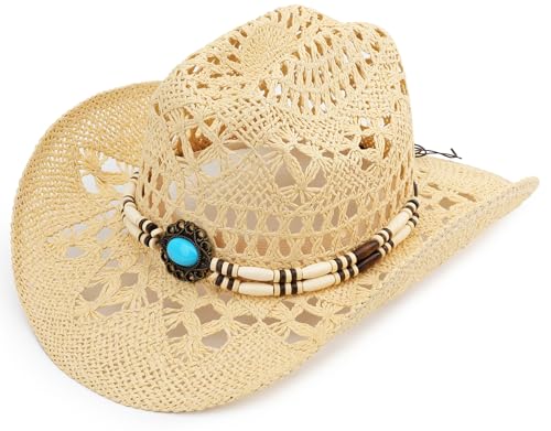Melesh Straw Cowboy Hat Western Cowgirl Hat Wide Brim Sun Beach Hat for Men and Women (US Alpha One Size Beige-M23)
